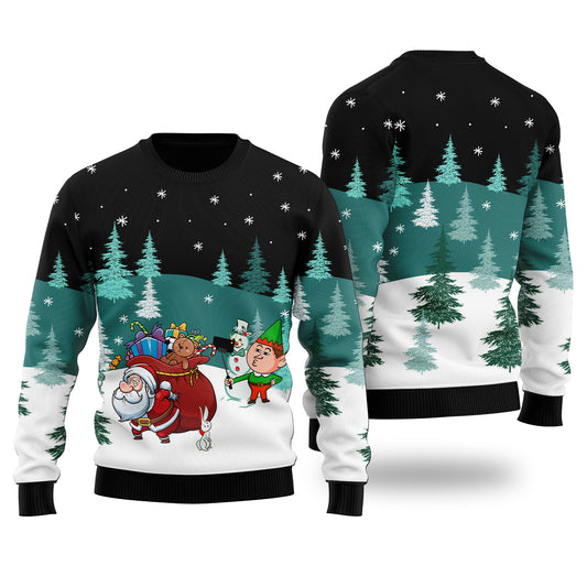 Santa Elf Selfie Ugly Christmas Sweater Black