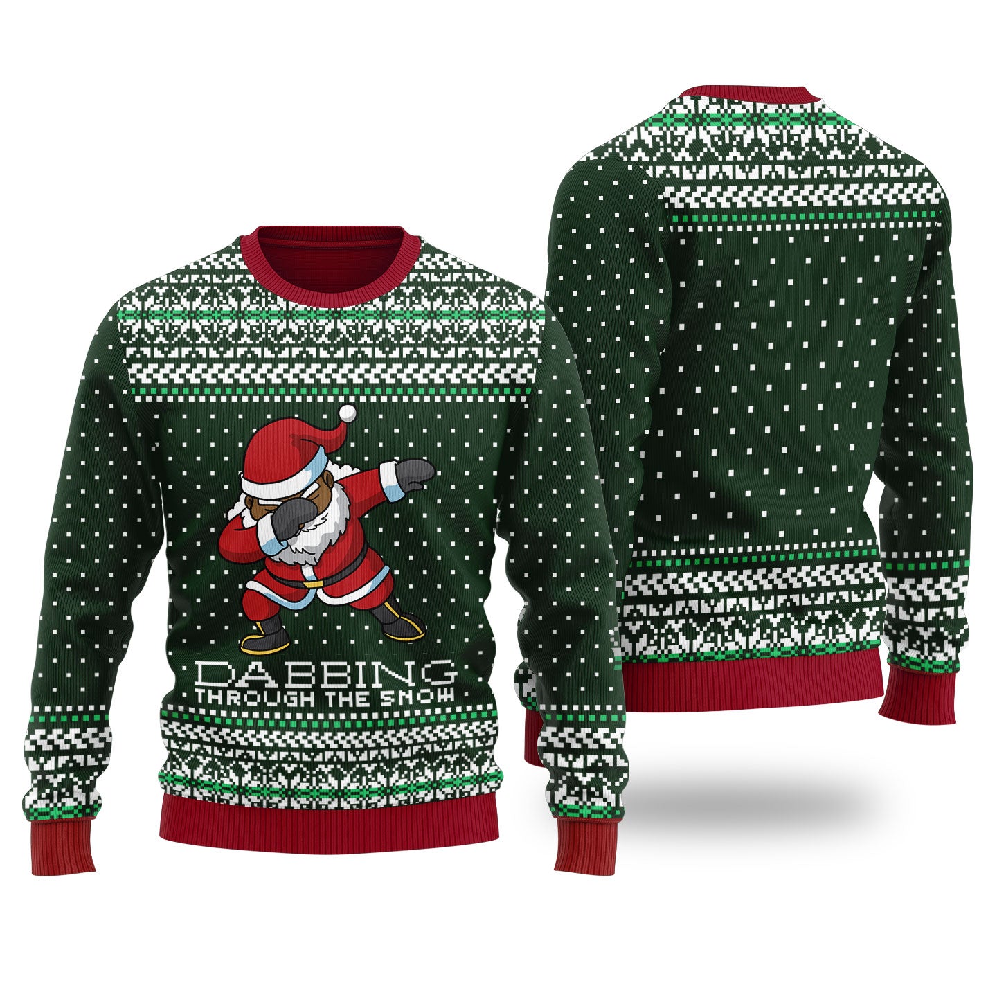Black Santa Ugly Christmas Sweater Forest Green