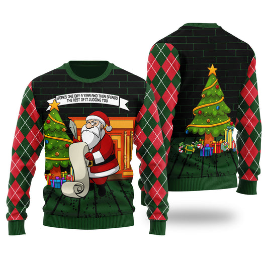 Judging Santa Ugly Christmas Sweater Forest Green