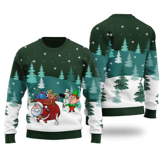 Santa Elf Selfie Ugly Christmas Sweater Forest Green