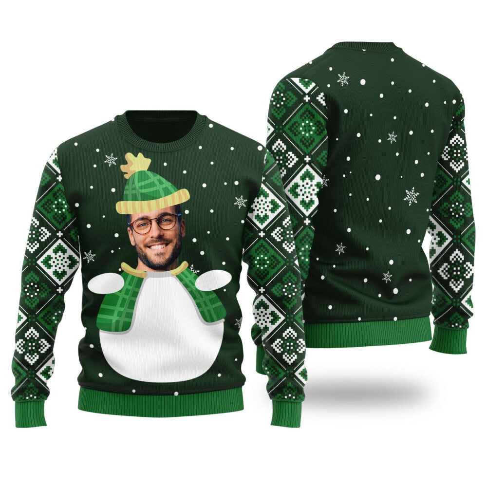 Custom Face Snowman Custom Ugly Christmas Sweater Forest Green - Funny Ugly Christmas Sweater
