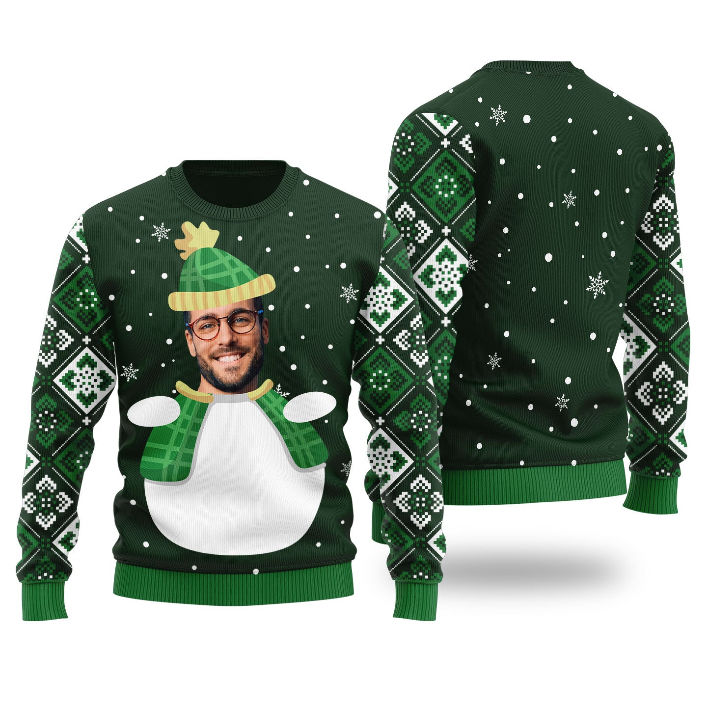Custom Face Snowman Custom Ugly Christmas Sweater Forest Green - Funny Ugly Christmas Sweater