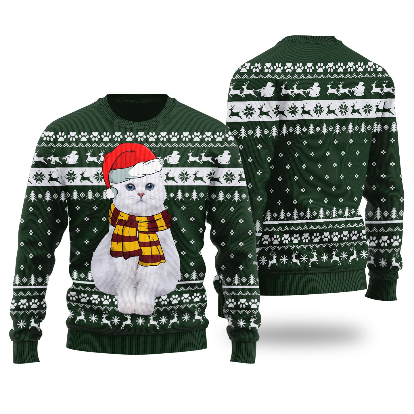 Adorable Cat Custom Pet Christmas Sweater Forest Green - Funny Ugly Christmas Sweater