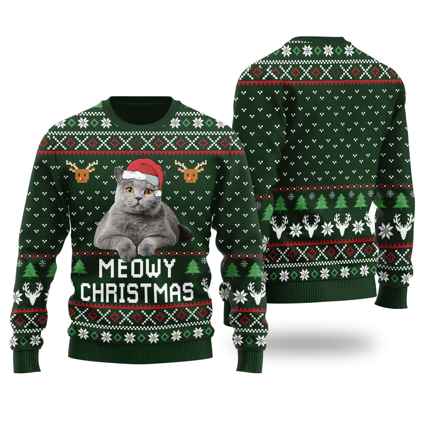 Meowy Christmas Custom Cat Christmas Sweater Forest Green - Funny Ugly Christmas Sweater