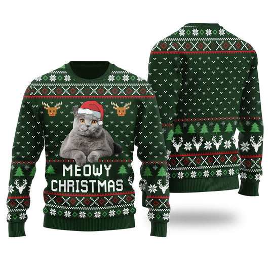 Meowy Christmas Custom Cat Christmas Sweater Forest Green - Funny Ugly Christmas Sweater