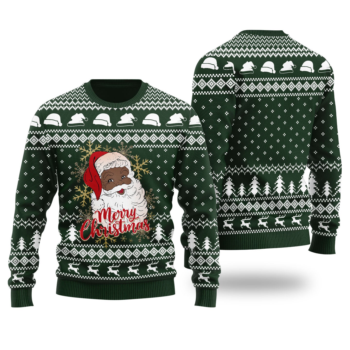 Black Santa Merry Christmas Ugly Christmas Sweater Forest Green