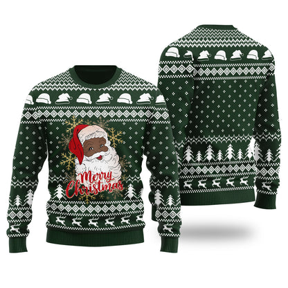 Black Santa Merry Christmas Ugly Christmas Sweater Forest Green