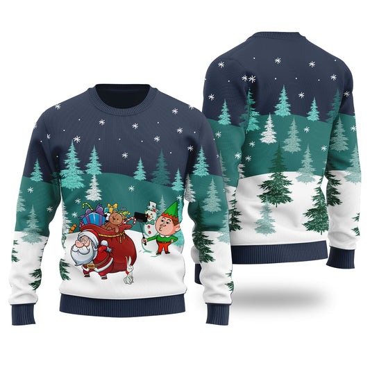 Santa Elf Selfie Ugly Christmas Sweater Navy