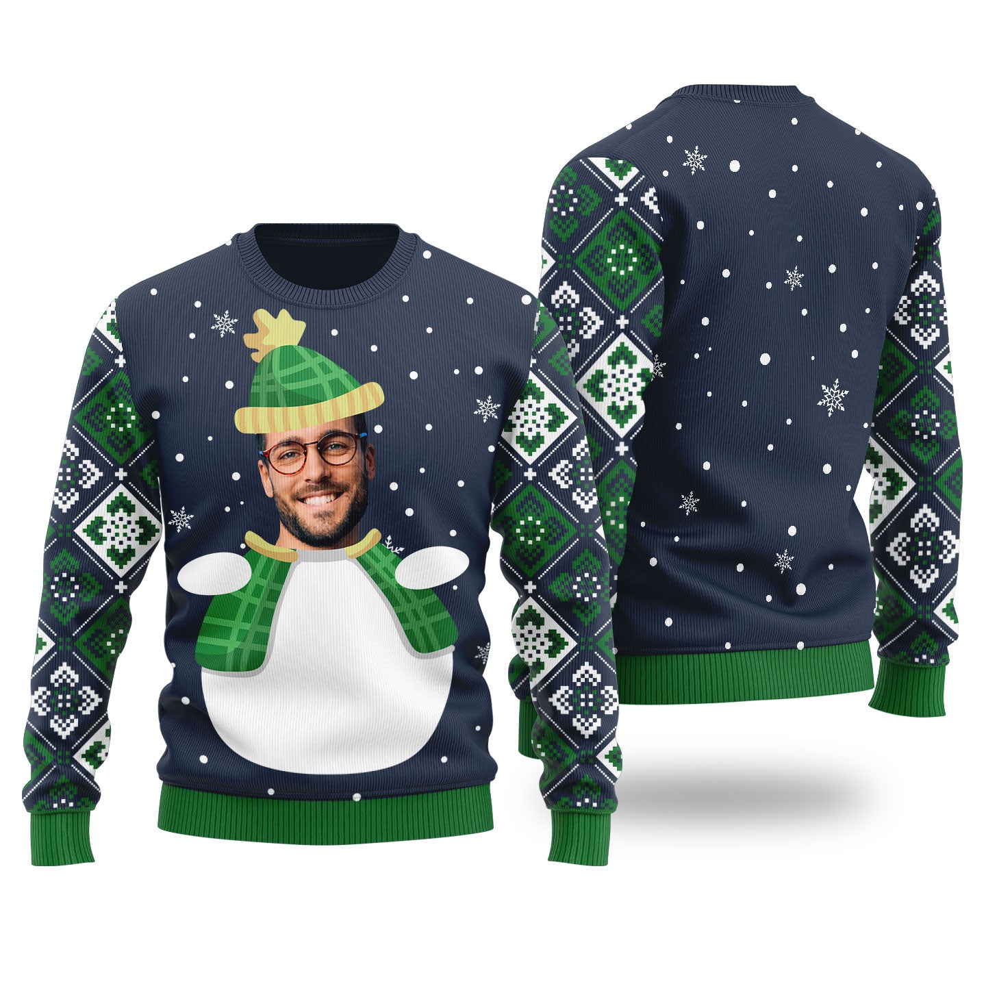 Custom Face Snowman Custom Ugly Christmas Sweater Navy - Funny Ugly Christmas Sweater