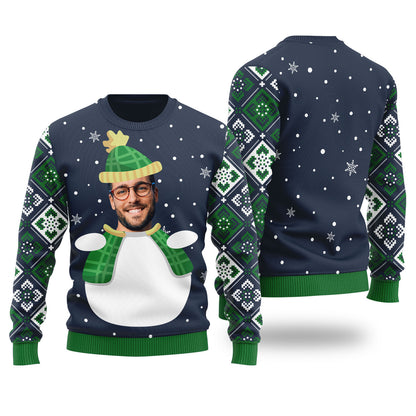 Custom Face Snowman Custom Ugly Christmas Sweater Navy - Funny Ugly Christmas Sweater