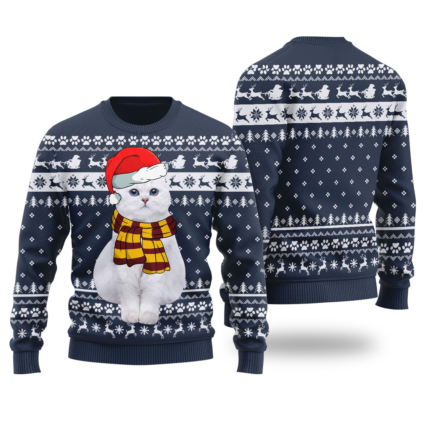 Adorable Cat Custom Pet Christmas Sweater Navy - Funny Ugly Christmas Sweater
