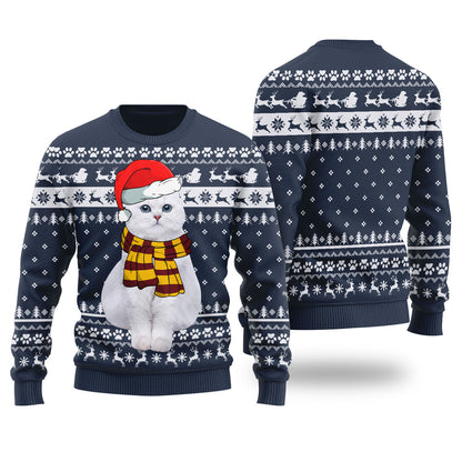 Adorable Cat Custom Pet Christmas Sweater Navy - Funny Ugly Christmas Sweater