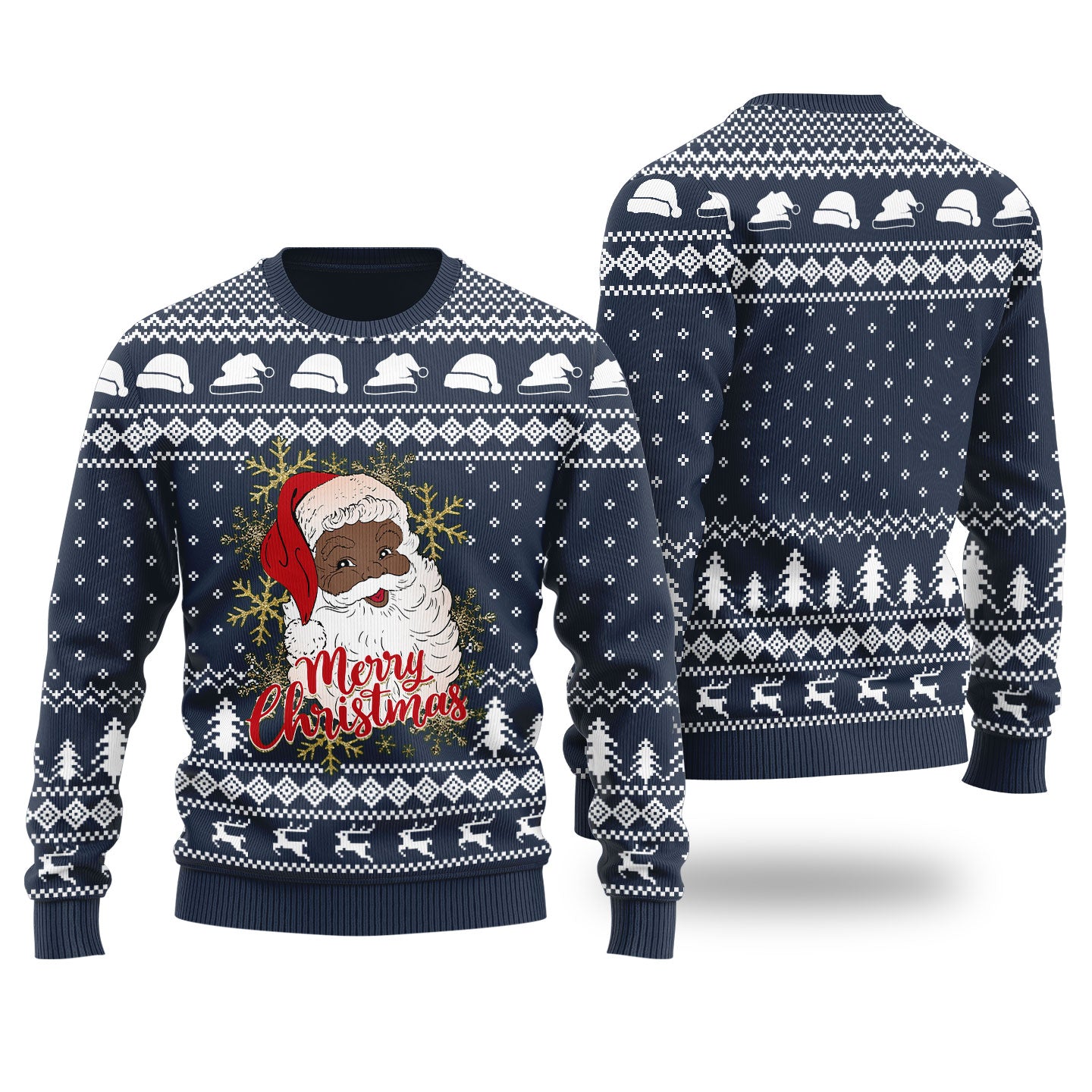 Black Santa Merry Christmas Ugly Christmas Sweater Navy