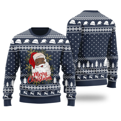 Black Santa Merry Christmas Ugly Christmas Sweater Navy