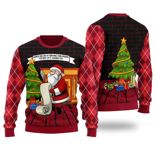 Judging Santa Ugly Christmas Sweater Cardinal Red