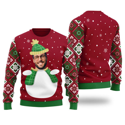 Custom Face Snowman Custom Ugly Christmas Sweater Cardinal Red - Funny Ugly Christmas Sweater