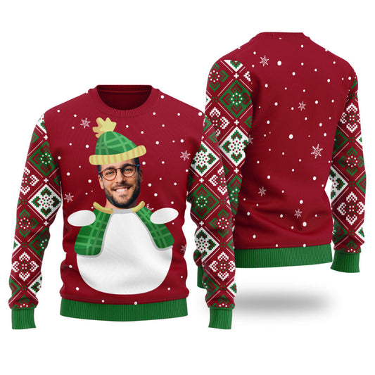 Custom Face Snowman Custom Ugly Christmas Sweater Cardinal Red - Funny Ugly Christmas Sweater