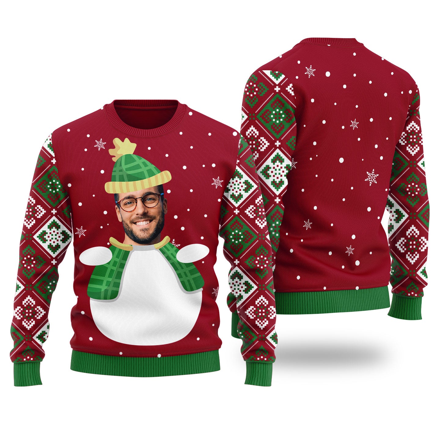 Custom Face Snowman Custom Ugly Christmas Sweater Cardinal Red - Funny Ugly Christmas Sweater