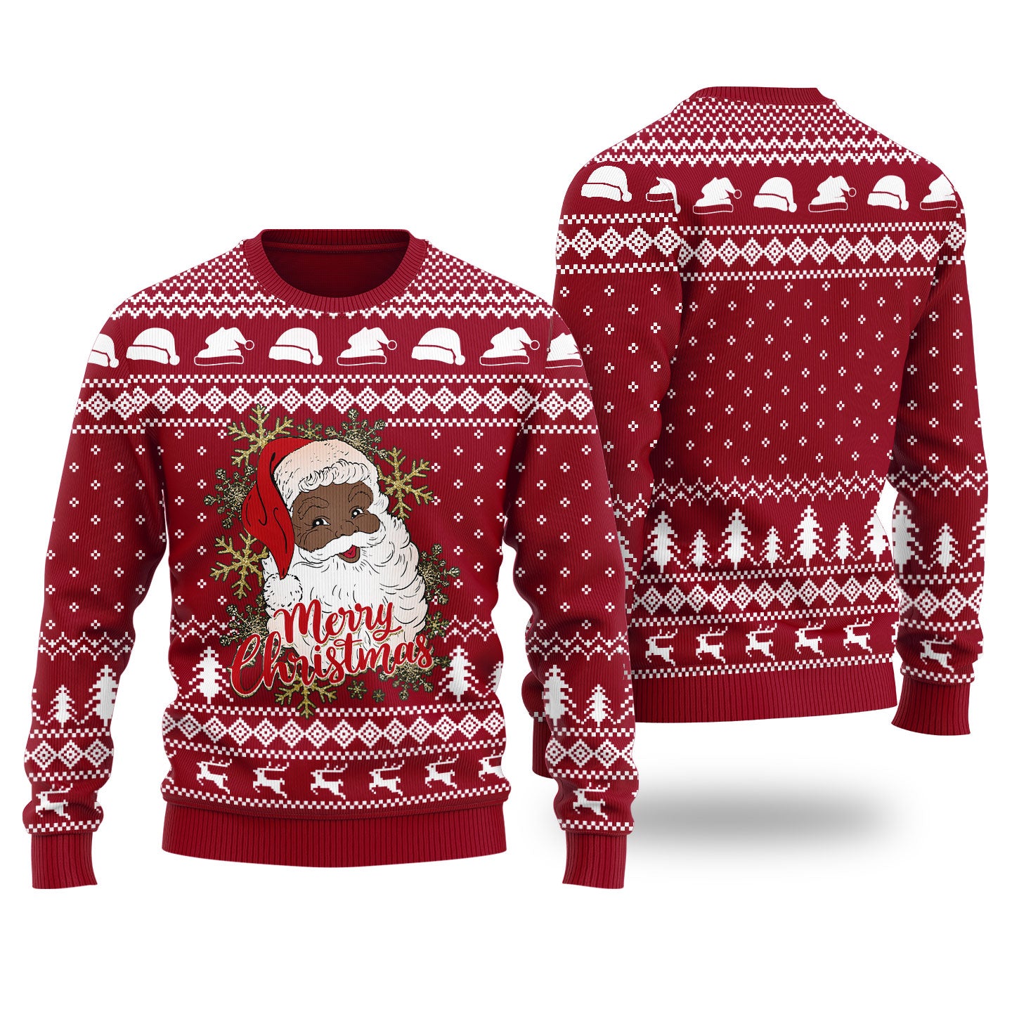 Black Santa Merry Christmas Ugly Christmas Sweater Cardinal Red