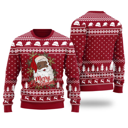 Black Santa Merry Christmas Ugly Christmas Sweater Cardinal Red