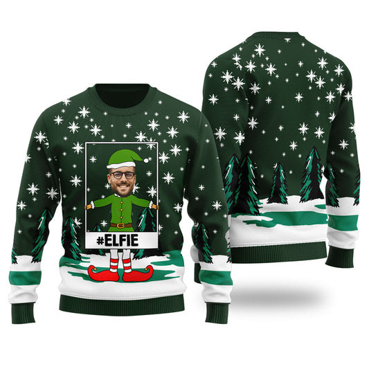 Elf Selfie Custom Ugly Christmas Sweater Forest Green - Funny Ugly Christmas Sweater