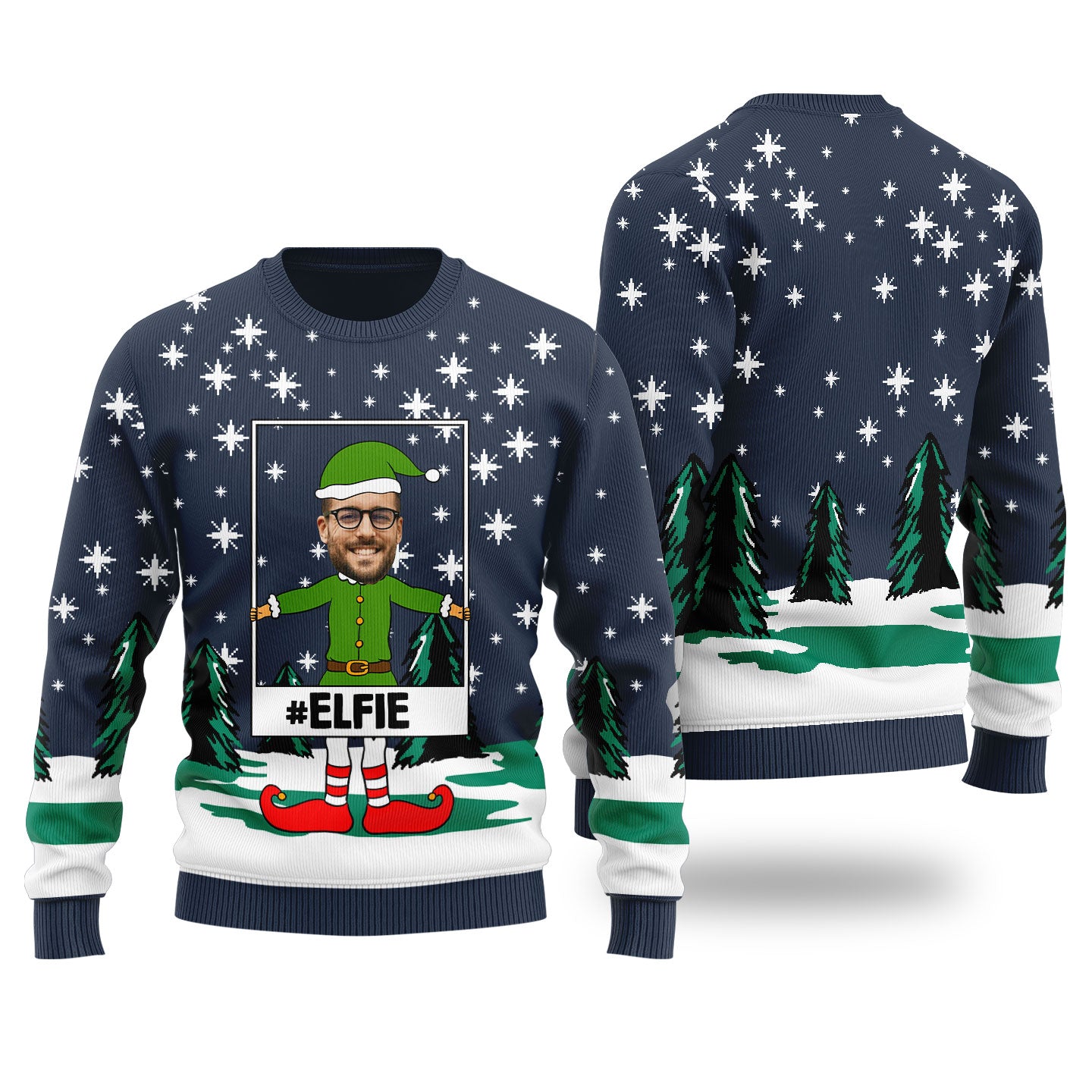 Elf Selfie Custom Ugly Christmas Sweater Navy - Funny Ugly Christmas Sweater