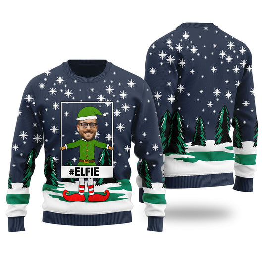 Elf Selfie Custom Ugly Christmas Sweater Navy - Funny Ugly Christmas Sweater