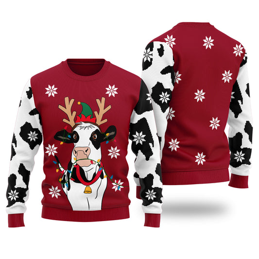 Funny Cow Ugly Christmas Sweater Cardinal Red