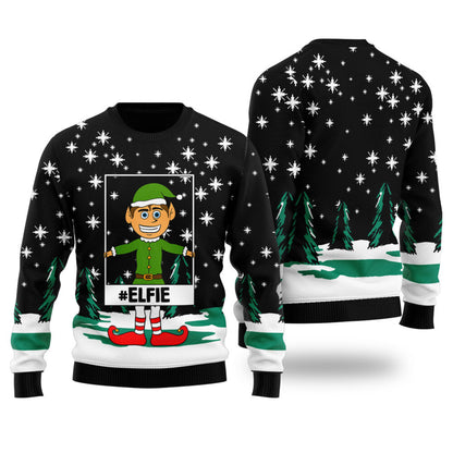 Funny Elf Selfie Ugly Christmas Sweater Black