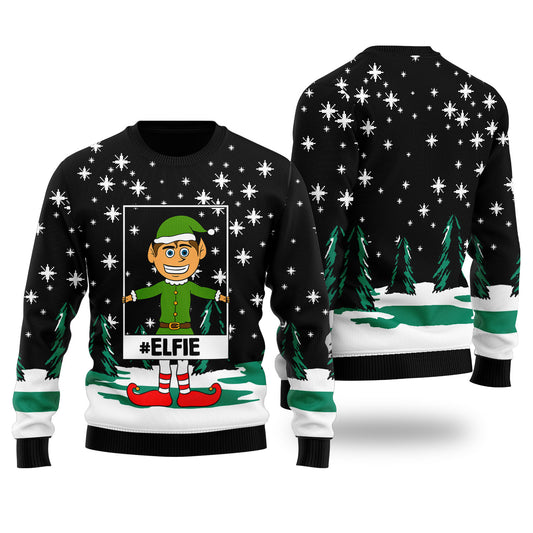 Funny Elf Selfie Ugly Christmas Sweater Black