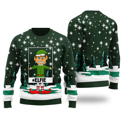 Funny Elf Selfie Ugly Christmas Sweater Forest Green