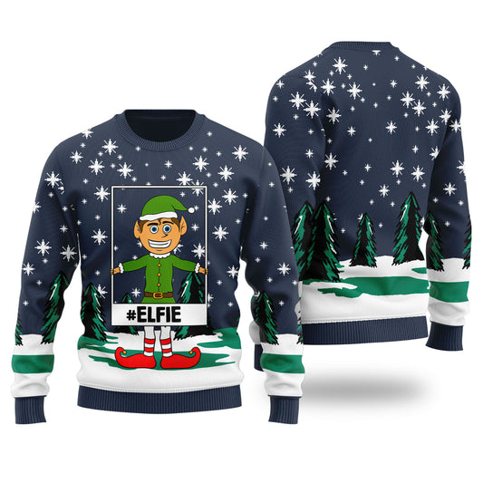 Funny Elf Selfie Ugly Christmas Sweater Navy