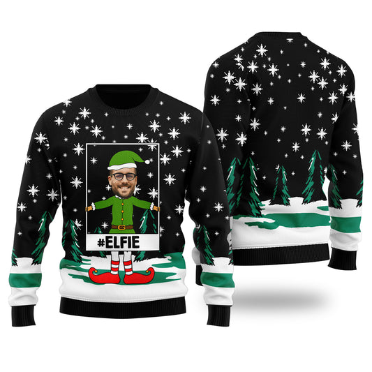 Elf Selfie Custom Ugly Christmas Sweater Black - Funny Ugly Christmas Sweater