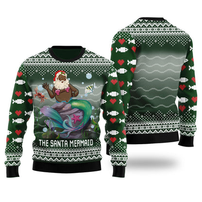 Funny Black Santa Mermaid Forest Green Ugly Christmas Sweaters