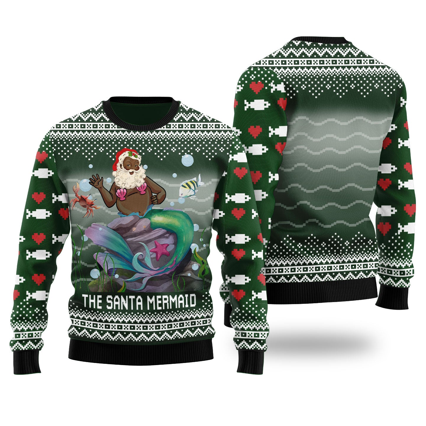 Funny Black Santa Mermaid Forest Green Ugly Christmas Sweaters