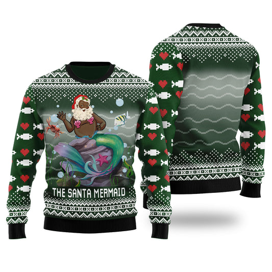 Funny Black Santa Mermaid Forest Green Ugly Christmas Sweaters
