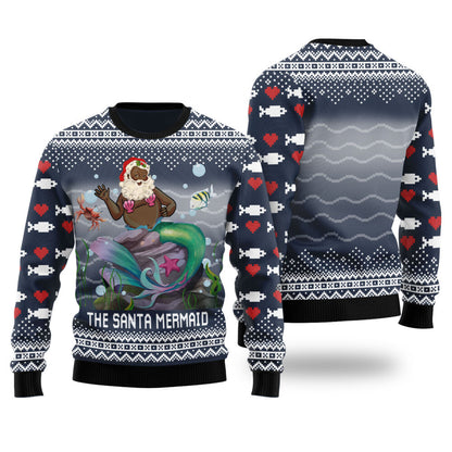 Funny Black Santa Mermaid Navy Ugly Christmas Sweaters
