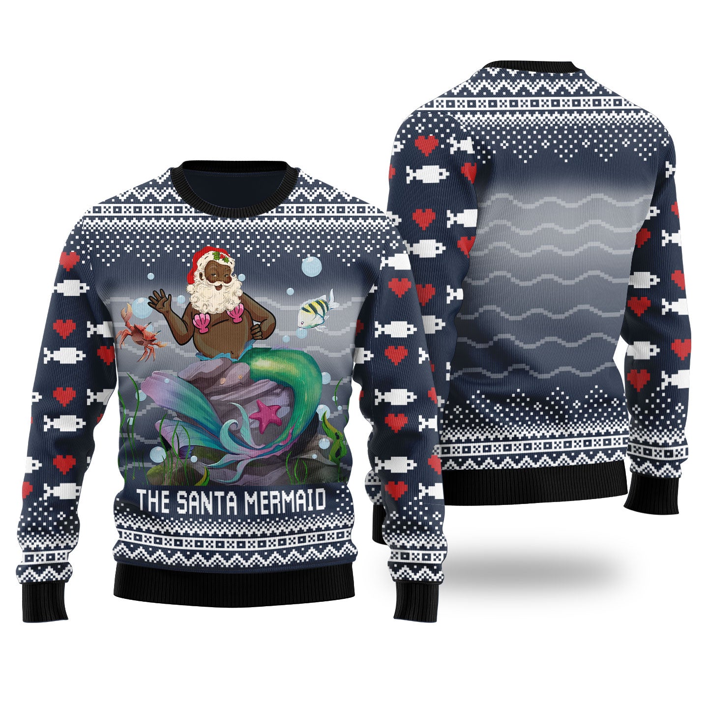 Funny Black Santa Mermaid Navy Ugly Christmas Sweaters