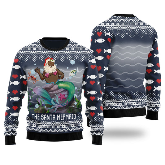 Funny Black Santa Mermaid Navy Ugly Christmas Sweaters