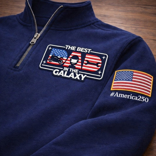Motorcycle The Best Dad In The Galaxy America 250 Anniversary Embroidered Logo Premium Quarter Zip Sweatshirt, Inspired Quarter Zip Sweater