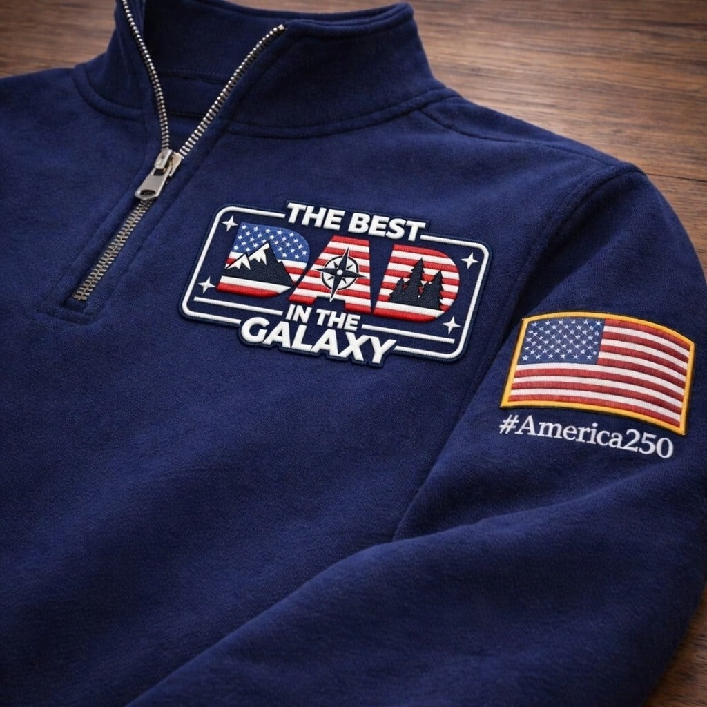 Sudadera con cremallera corta Mountain The Best Dad In The Galaxy America 250 Anniversary Embroidered Logo Premium, suéter con cremallera corta inspirado