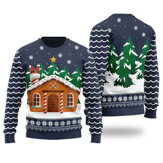 Navy Gingerbread House Ugly Xmas Sweater - Funny Ugly Christmas Sweater