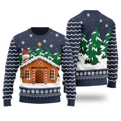 Men Navy Vintage Gingerbread House Christmas Sweater - Funny Ugly Christmas Sweater
