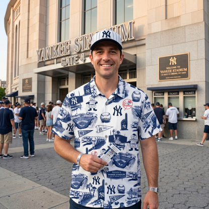 Camisa Hawaiana Unisex Vintage con Botones Edición Legado del Eslogan del Estadio de Béisbol Y de Nueva York