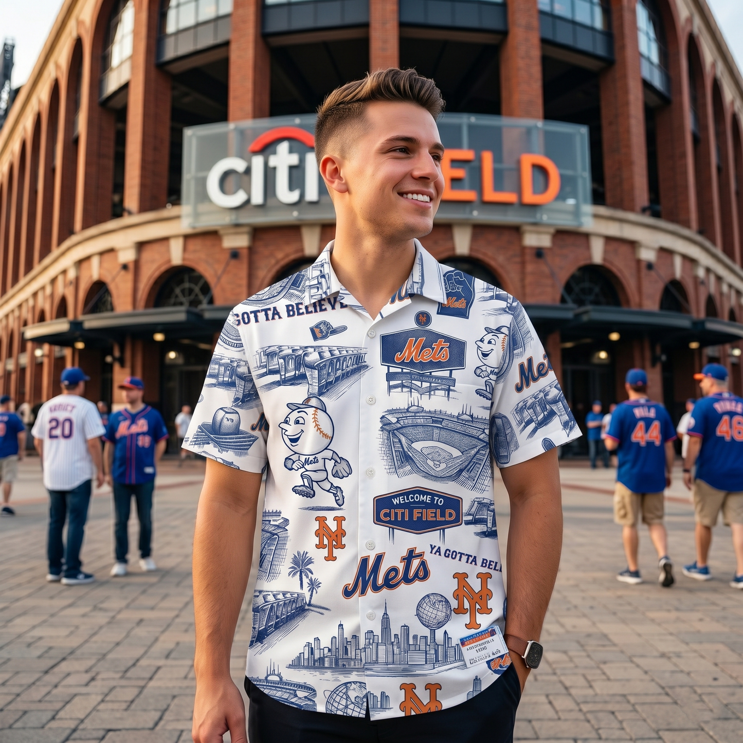 Camisa Hawaiana Unisex Abotonada Edición Legado Clásico con el Eslogan del Estadio de Béisbol NYM
