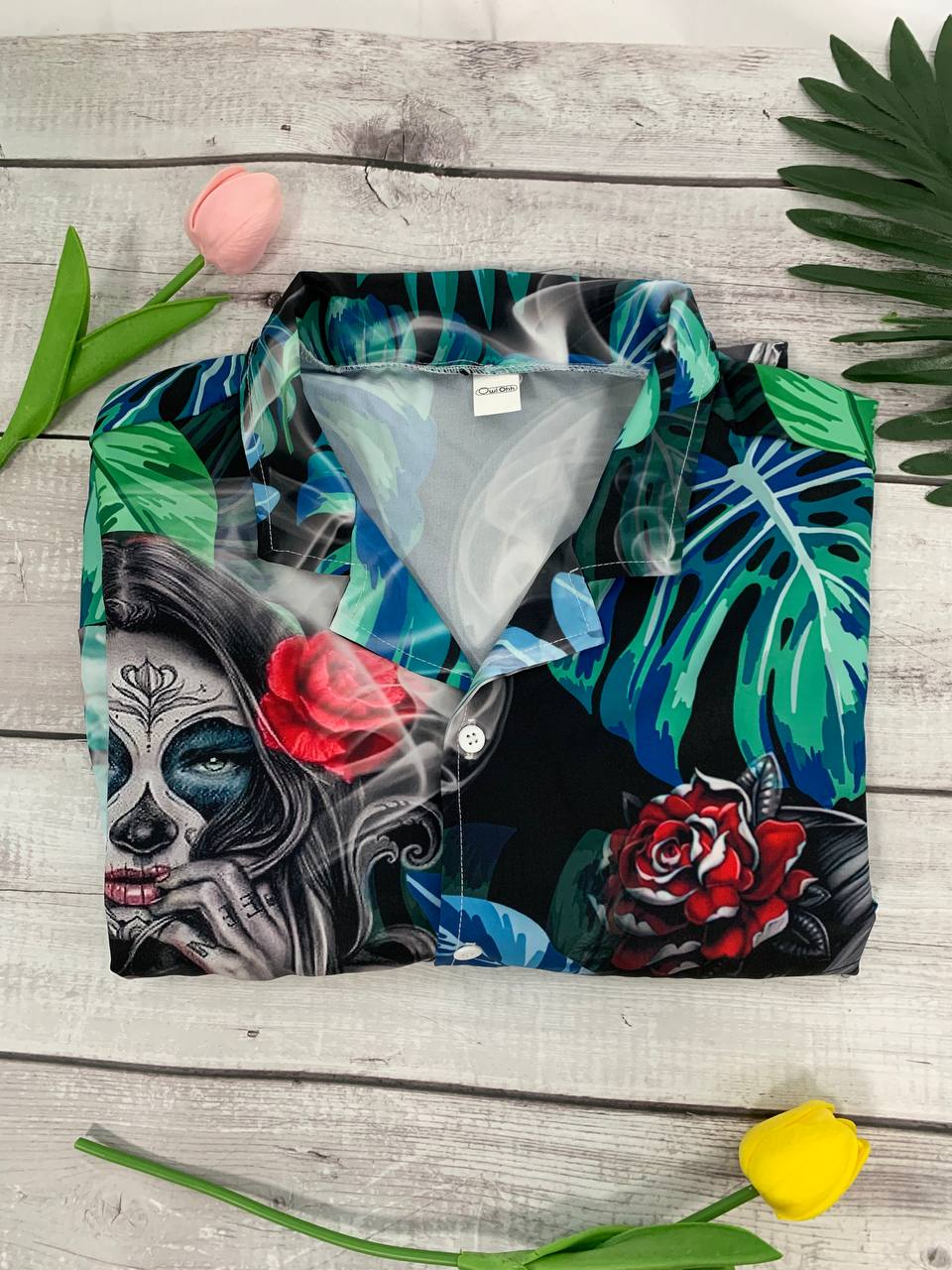 Skull Tropical White Smoke Red Flower - Hawaiian Shirt 