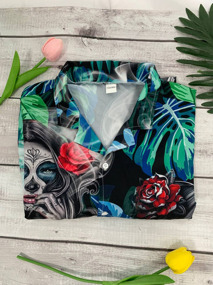 Skull Tropical White Smoke Red Flower - Hawaiian Shirt 