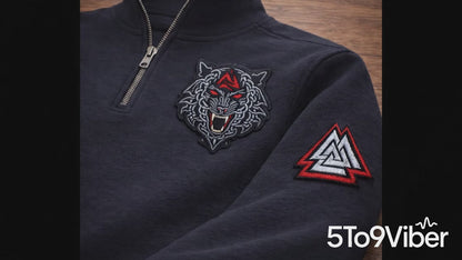 Viking Fenrir Wolf, Valknut Patch  Embroidered Logo Premium Quarter Zip Sweatshirt, Inspired Quarter Zip Sweater