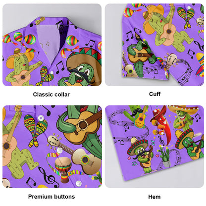 Cactus Love Music Morado - Camisa Hawaiana Unisex para Hombres y Mujeres