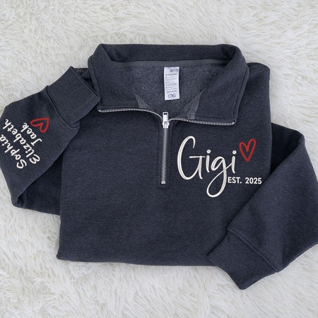 Custom Gigi Heart Embroidered Zip Sweater, Personalized For Grandma with Grandchild Names
